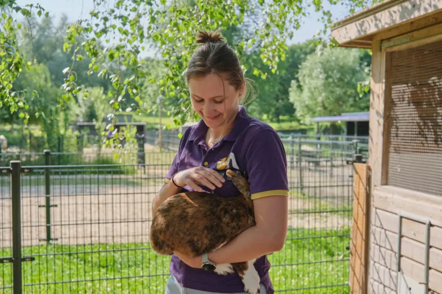 Persoon met konijn in hand voor konijnenhok
